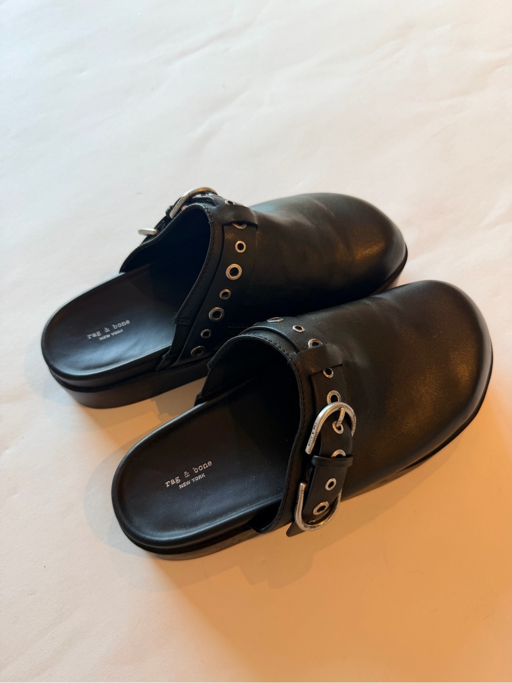 Rag & Bone Black Leather Buckle Grommet Clogs Mules Size 39 NWOT - Picture 3 of 12